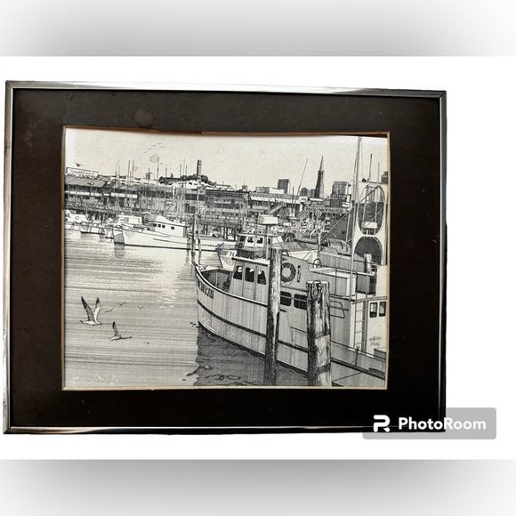 1970’s MARTIN TANG VTG Signed Seattle Waterfront Ink Print In Metal Frame Art - Picture 1 of 12